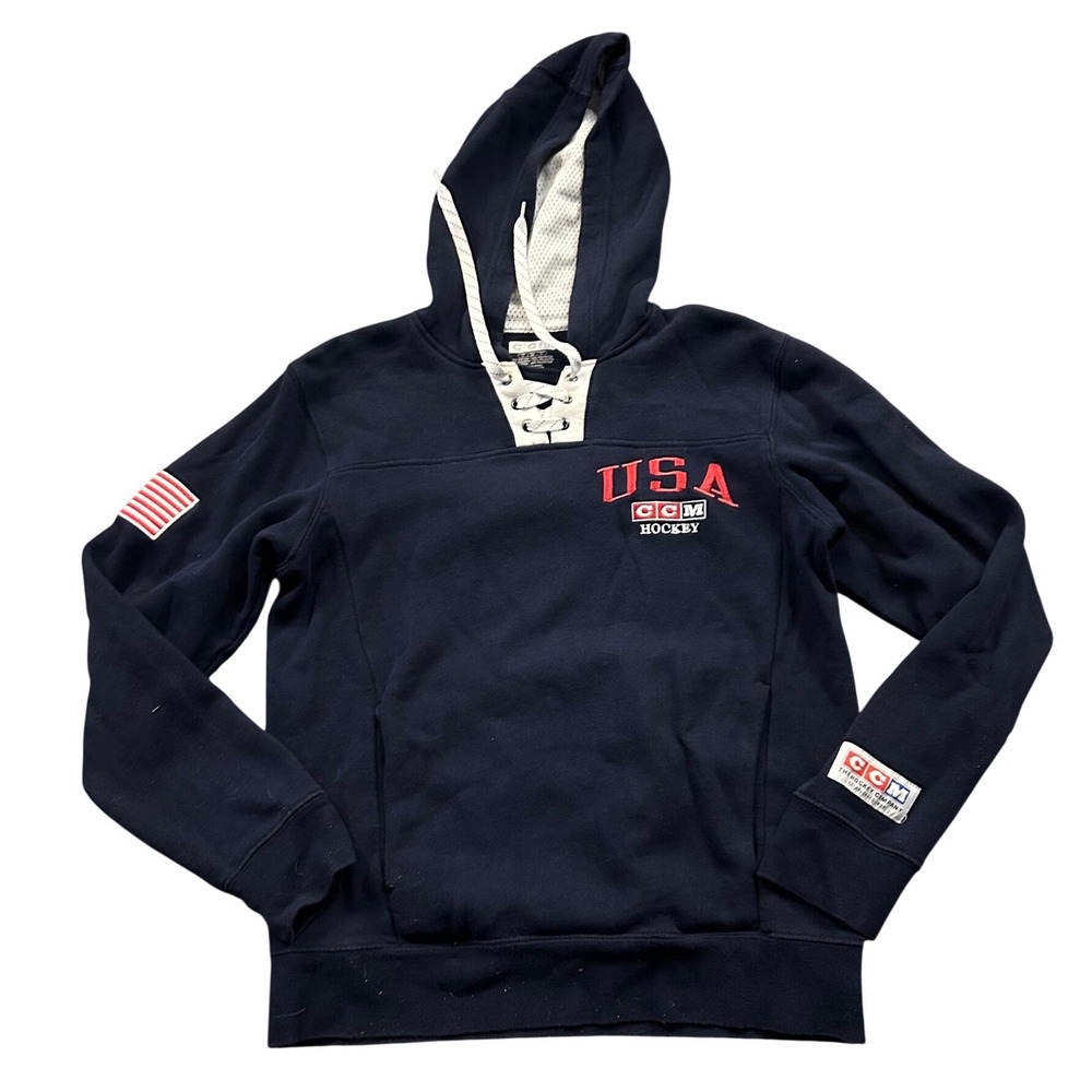 CCM USA Hockey Navy Blue Lace Up Hoodie Mens Small American Flag Patch
